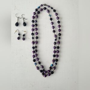 Purple Black & Blue 18" Single Strand Necklace Set With 2 Pairs Of Earrings